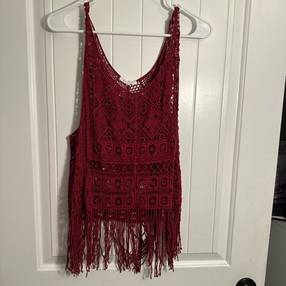 Elegant Crochet Fringe Top - Garnet